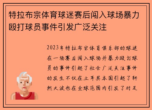 特拉布宗体育球迷赛后闯入球场暴力殴打球员事件引发广泛关注